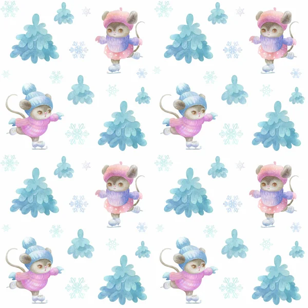 Little cute mouses ice skatings. Seamless pattern with Hand painted watercolor illustrations isolated on a white background.