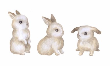 Bahar çiçekli şirin Paskalya tavşanı. Beyaz arkaplanda izole edilmiş suluboya el resmi.