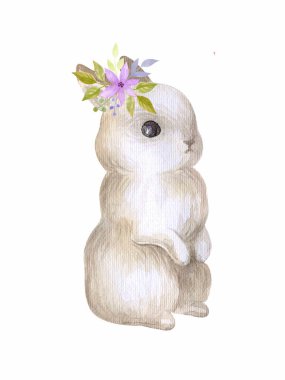 Bahar çiçekli şirin Paskalya tavşanı. Beyaz arkaplanda izole edilmiş suluboya el resmi.