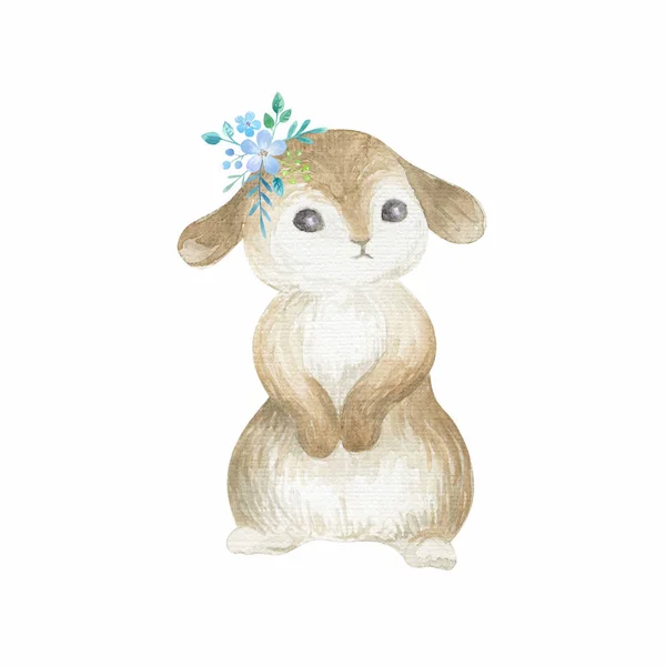 Cute Easter Bunny Spring Flowers Watercolor Hand Painted Illustration Isolated — Stock Photo, Image