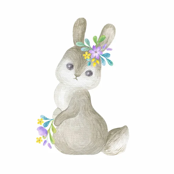 Słodki Króliczek Wielkanocny Wiosennych Kwiatów Akwarela Ręcznie Malowane Ilustracja Izolowana — Zdjęcie stockowe