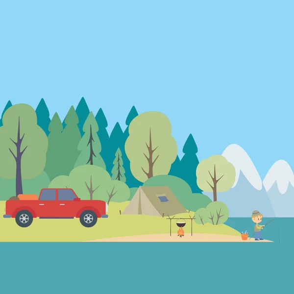 Vida Camping Fondo Paisaje Forestal Ilustración Vectorial Colorida — Vector de stock