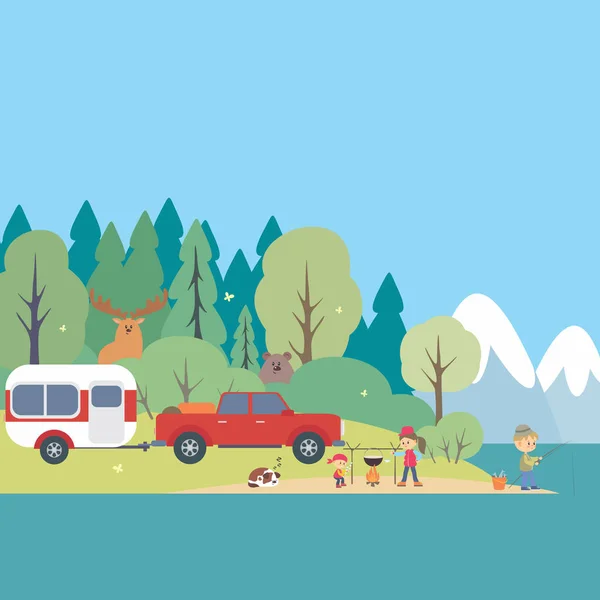 Camping Latar Belakang Kehidupan Pemandangan Hutan Ilustrasi Vektor Berwarna - Stok Vektor