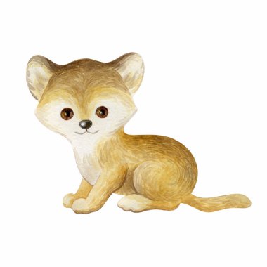  Sevimli aslan. Beyaz arkaplanda elle boyanmış suluboya resimleme.