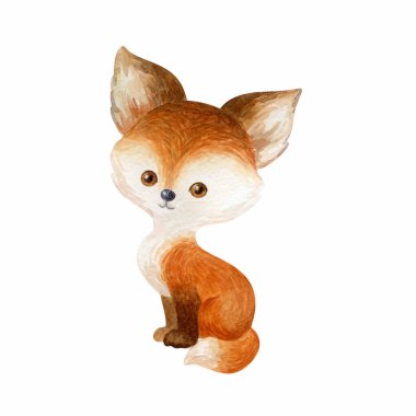  Şirin tilki. Beyaz arkaplanda elle boyanmış suluboya resimleme.