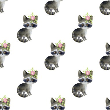 Beyaz arka planda sevimli hayvanlar olan kusursuz bir desen. Elle boyanmış suluboya resim.