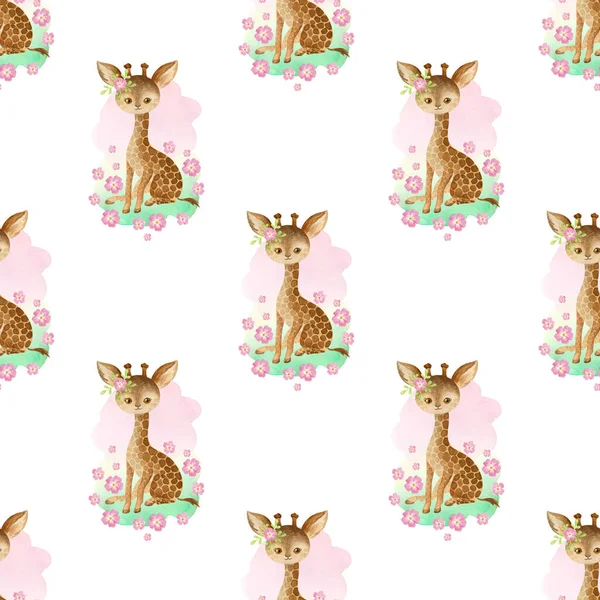 Seamless Pattern Cute Animals White Background Hand Painted Watercolor Illustration — Stock Photo, Image