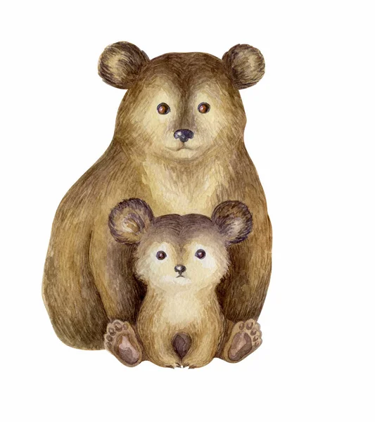 可爱的熊和宝宝 白色背景上孤立的手绘水彩画 — 图库照片