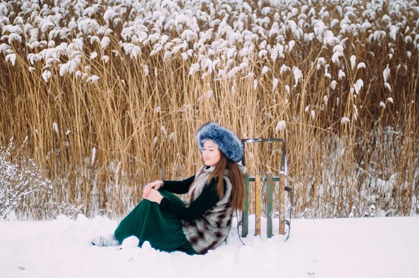 Jovem menina atraente abraçando a neve no inverno. Portão de Inverno — Fotografia de Stock