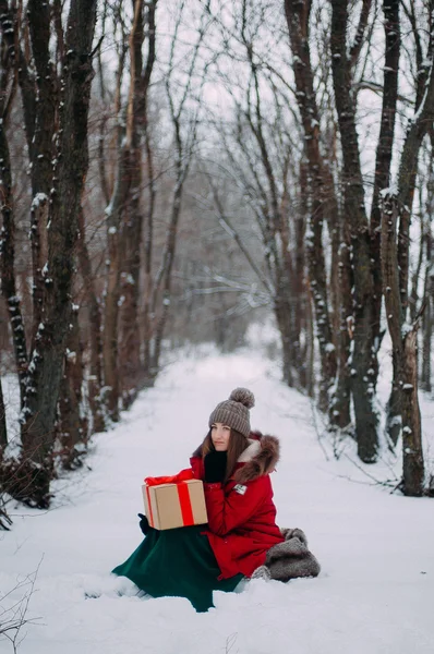 Jeune fille attrayante embrassant la neige en hiver. Portr d'hiver — Photo