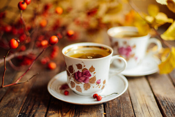 Tea in the rustic Chic style.  Tea Party.  Green tea in a cup an