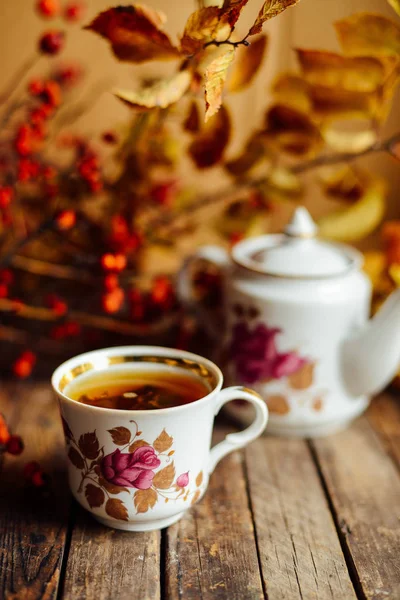 Té en el estilo rústico Chic. Fiesta del té. Té verde en una taza y platillo, tetera, azucarero, juego, vajilla para el té. Tetera de té de hierbas saludables, flores secas. Taza de té con decoración de otoño en la mesa . — Foto de Stock