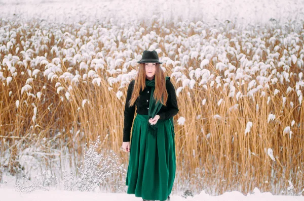 Joven chica atractiva abrazando la nieve en invierno. Portero de invierno — Foto de Stock