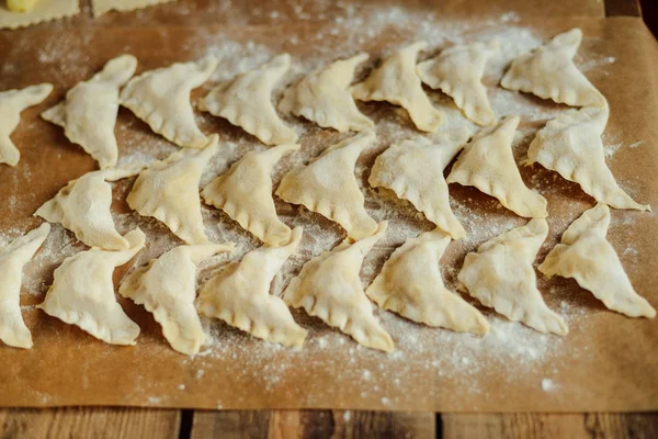 Making of pierogi with potato Vareniki. Russian food . Rustic — Stock Photo, Image