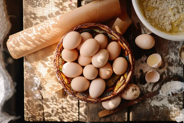 Ingredients for baking cake stuffed with fresh  pie. Female prep