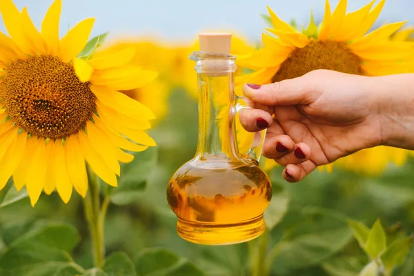 Sonnenblumenöl in Glasflasche mit Sonnenblumenfeld auf dem Rücken — Stockfoto