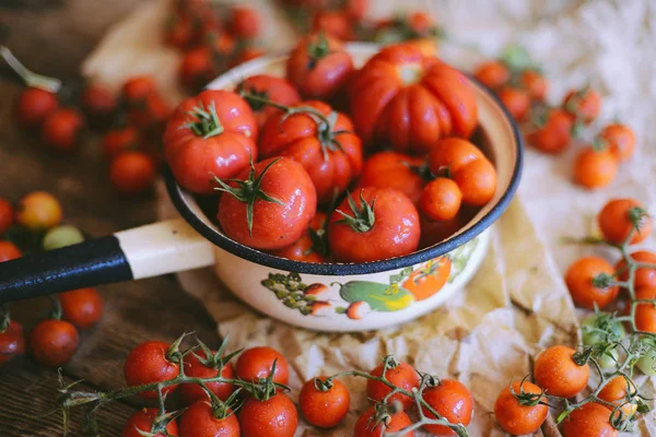 Fresh cherry tomatoes on rustic wooden table, Top view with copy — Stock Photo, Image