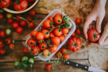 Taze kiraz domates rustik ahşap tablo, görünüm kopya ile Top