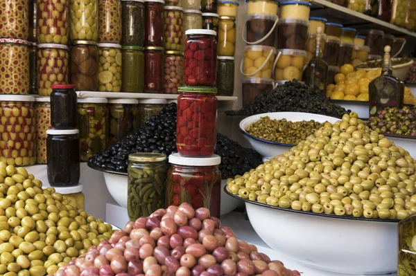 Fresh olives and preserves, Marrakesh Souk, Morocco Stock Image