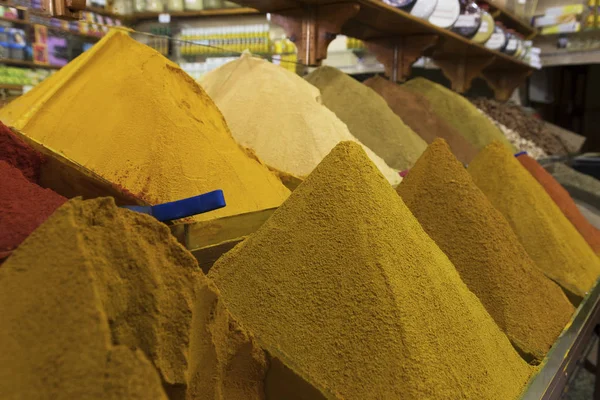 Spices, Marrakesh Souk, Morocco / Countertop with a variety of spices in Marrakesh Souk, Morocco