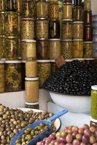 Fresh olives and preserves, Marrakesh Souk, Morocco Royalty Free Stock Photos