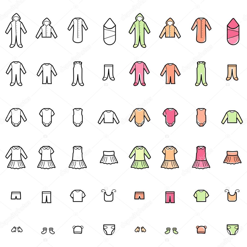 Baby Clothes Line Icons Set