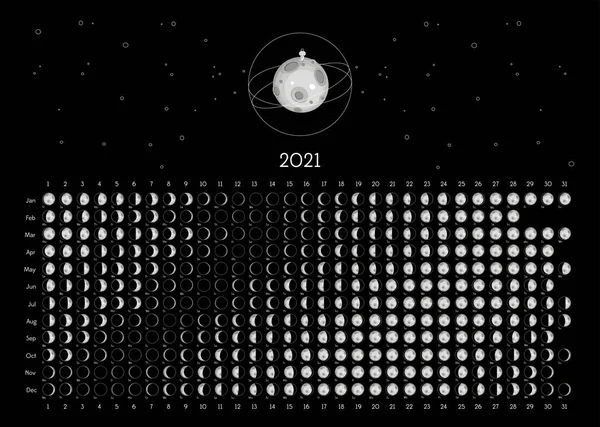 Місячний Календар 2021 Південна Півкуля Чорна — стоковий вектор