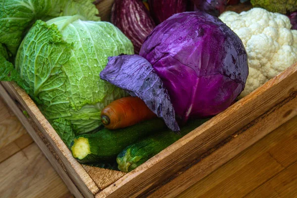 Verduras Frescas Col Zanahorias Calabacín Berenjena Tomates Una Caja Madera — Foto de Stock