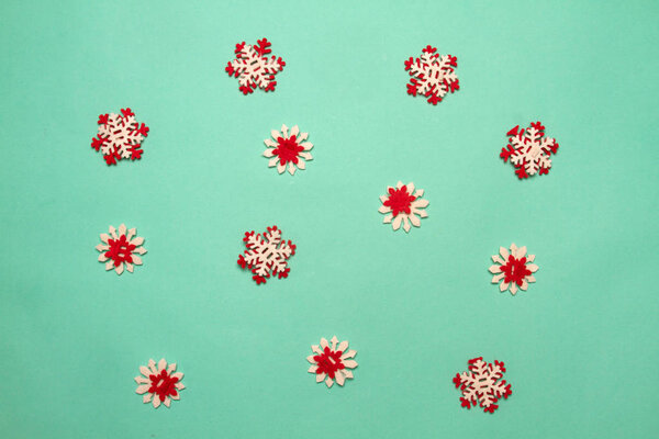 Snowflakes made of felt on a neo mint background. Christmas concept. Happy New Year 2020! Festive background.