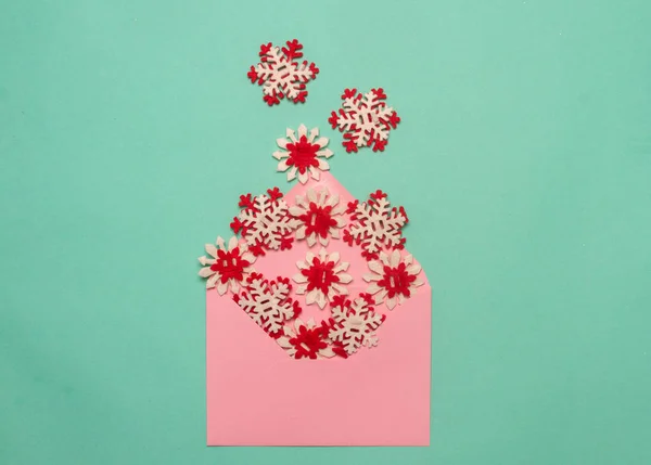 Snowflakes Made Felt Envelope Neo Mint Background Christmas Concept Happy — Stock Photo, Image