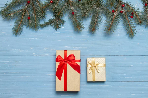 Dos Cajas Regalo Sobre Fondo Azul Hay Lugar Para Inscripciones — Foto de Stock