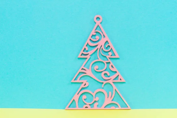 Pink Decorative Openwork Christmas Tree Blue Background Christmas Concept Happy — Stock Photo, Image