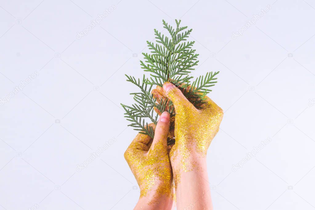 Female hands in gold sparkles holding branch. Sparkling hands on a light background.