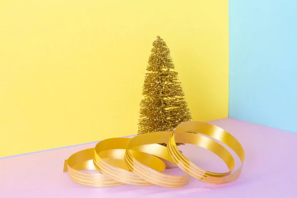 Golden Artificial Winter Tree Pink Blue Yellow Background Composition Pastel — Stock Photo, Image