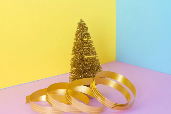 Golden Artificial Winter Tree Pink Blue Yellow Background Composition Pastel — Stock Photo, Image