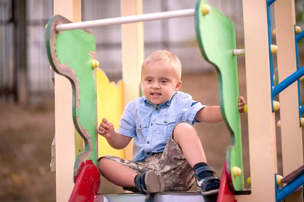 Daily Life Child Disabilities Boy Syndrome Playing Playground Chromosomal Genetic — Stock Photo, Image