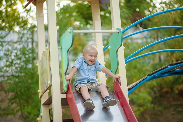 Daily Life Child Disabilities Boy Syndrome Playing Playground Chromosomal Genetic — Stock Photo, Image