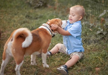 Engelli bir çocuğun günlük hayatı. Down sendromlu bir çocuk köpeklerle oynar. Kromozom ve genetik bozukluk..