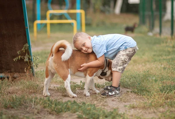 Daily Life Child Disabilities Boy Syndrome Plays Dogs Chromosomal Genetic — Stock Photo, Image