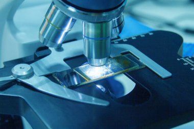 Araştırma laboratuarı ortamında oküler ve slayt cam ya da floresan stereo mikroskop ya da sağlık görevlileri, öğrenci ya da biyoloji sınıfındaki akademisyenler için histopatoloji eğitimi sınıfına yakın çekim.