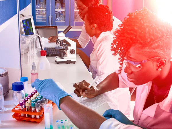 Impianto Prova Giovani Scienziate Africane Studentesse Medicina Donne Energiche Positive — Foto Stock