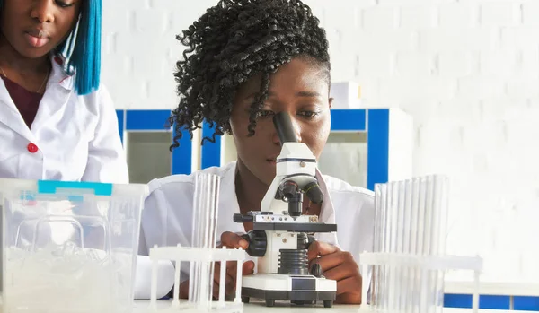 Young Attractive African Female Scientist Medic Tech Examines Patient Biopsy — Stock Photo, Image