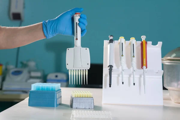 Hand in glove with automatic multichannel pipette for pcr analysis of nucleic acids for novel coronavirus. Molecular biology tools for tests for viral and bacterial pathologies. Medical test lab.