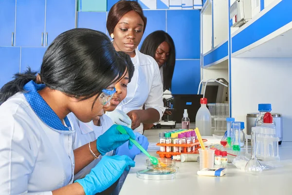 Африканские Студенты Медики Проверяют Кровь Команда Молодых Ученых Молодых Женщин — стоковое фото