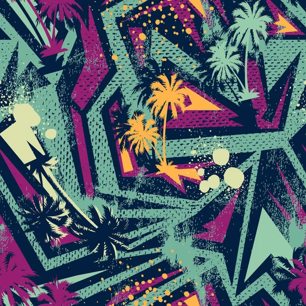 Palmiye ağaçları ile soyut renkli geometri seamless modeli.