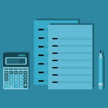 Yaprak kağıt, kalem ve hesap makinesi. Düz stil.