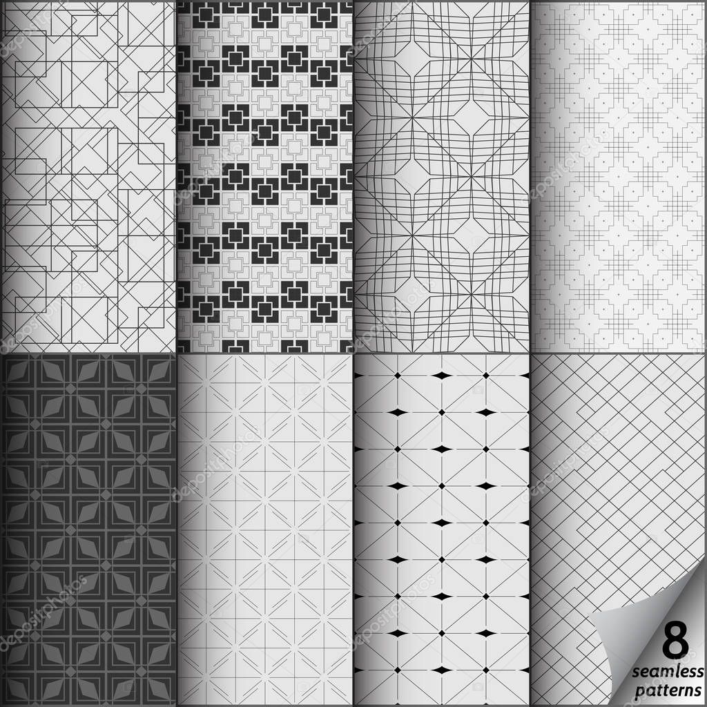 Vector set of eight monochrome seamless patterns. Modern stylish