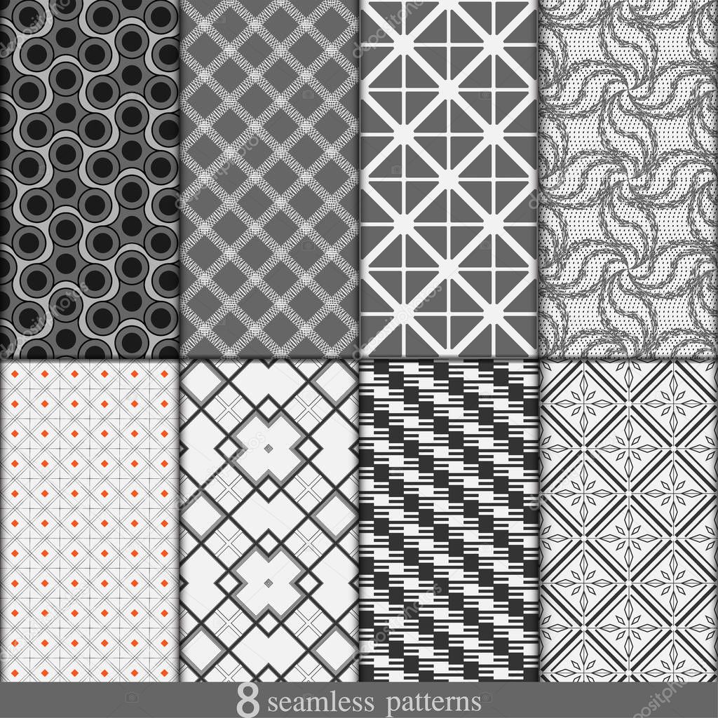Vector set of eight monochrome seamless patterns.