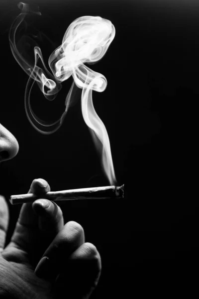 Woman Smoking Cannabis Joint Isolated Black Background Black White — Stock Photo, Image