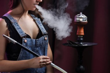 Dinlenme odasında Shisha içen bir kadının portresi.